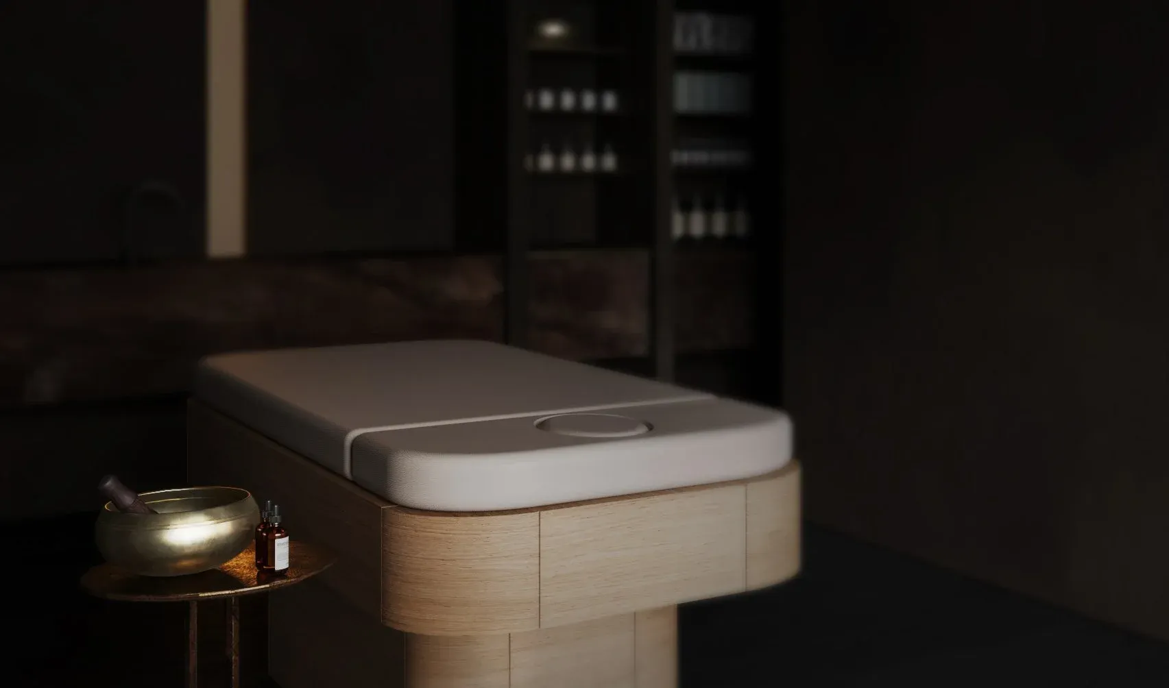 Spa treatment room designed by Nataly Karavay — warm wood, stone, and soft light